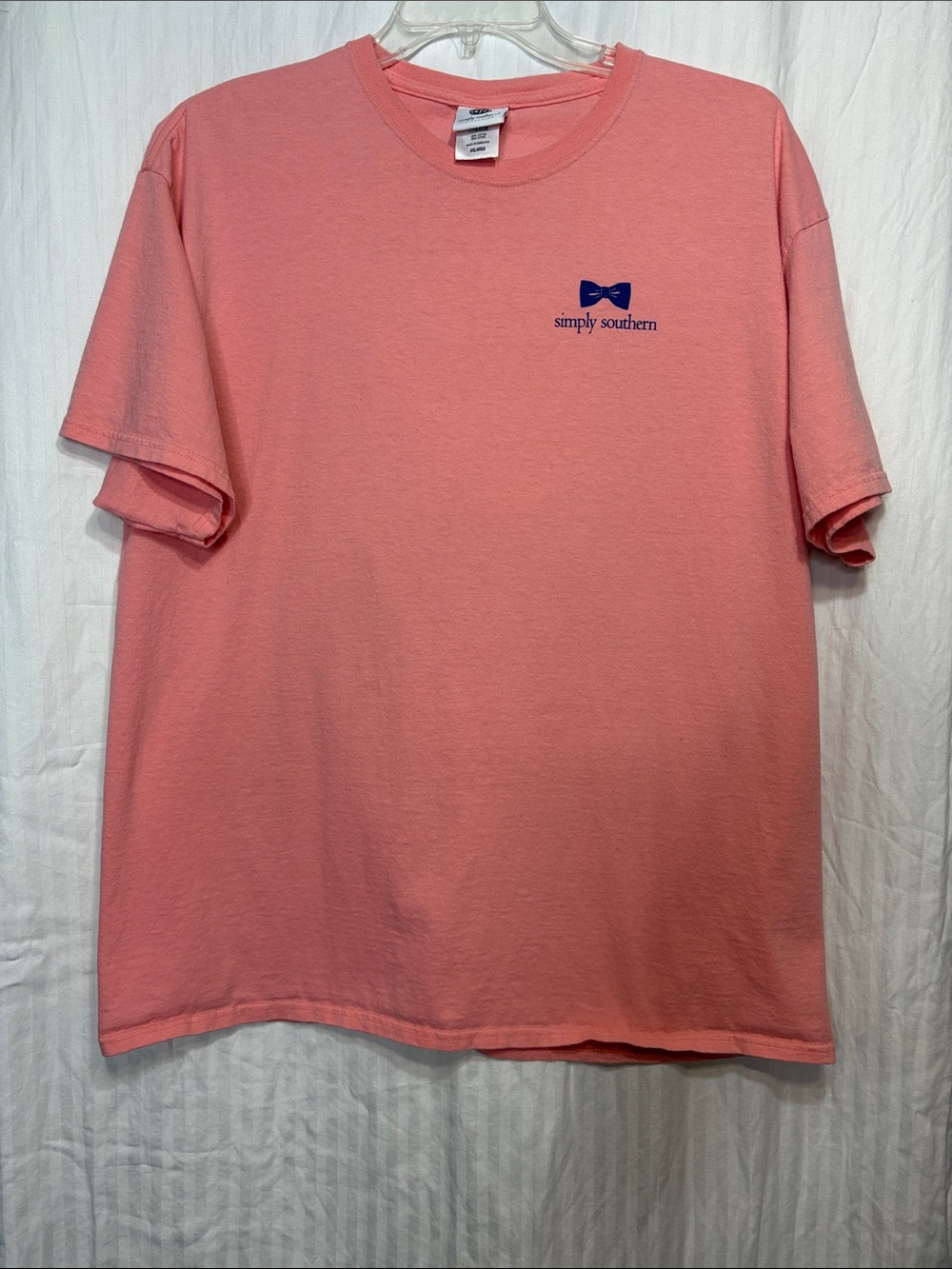 Simply Southern Coral Pink Short Sleeve Tee with Navy Bow Logo
